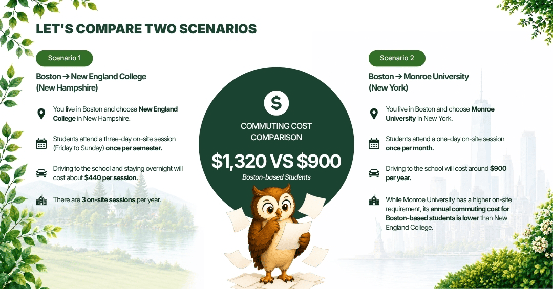 commuting cost in boston comparison for new england college vs monroe university
