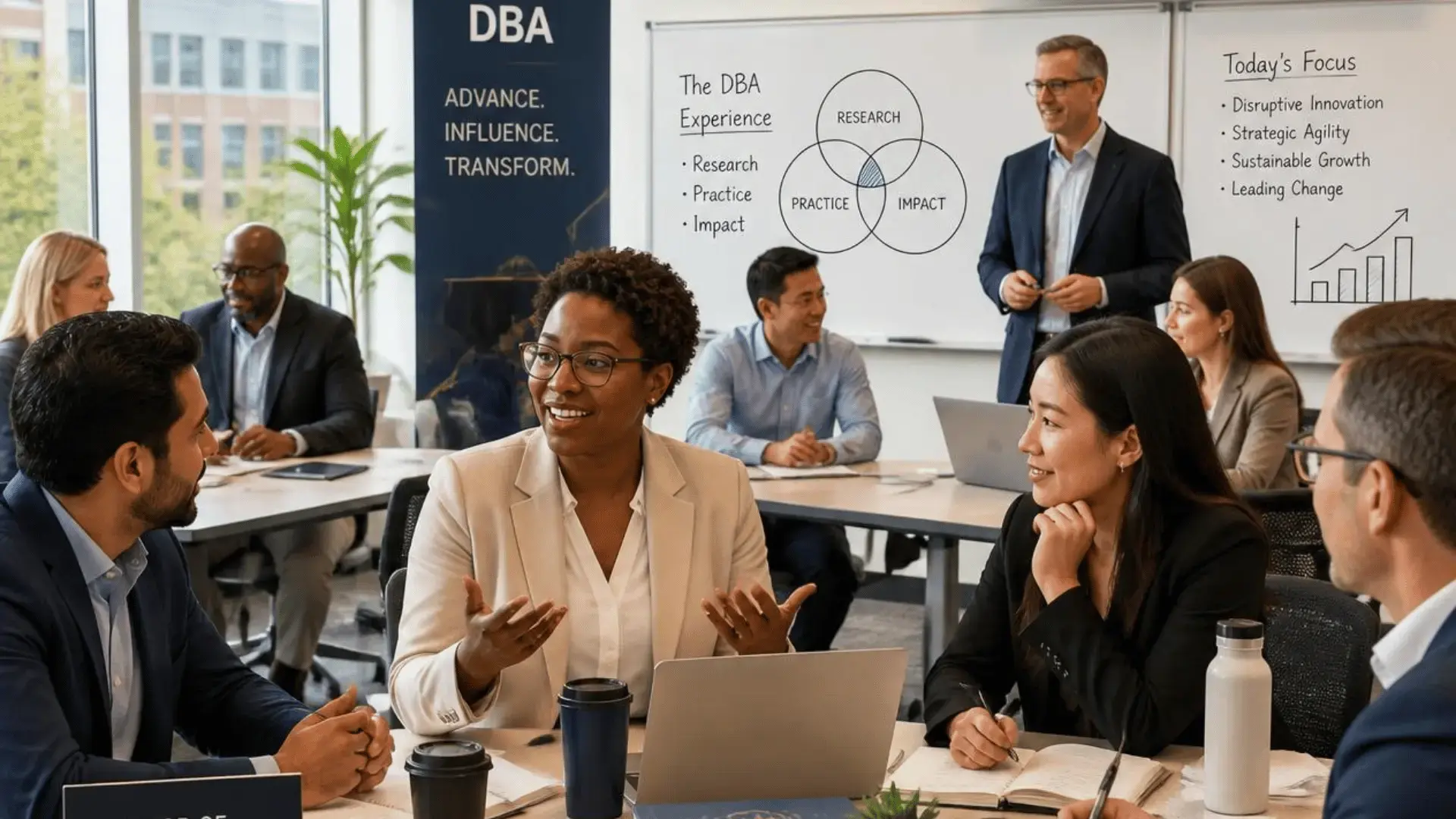 Professionals participating in a Doctor of Business Administration (DBA) classroom discussion on leadership, research, and business strategy.